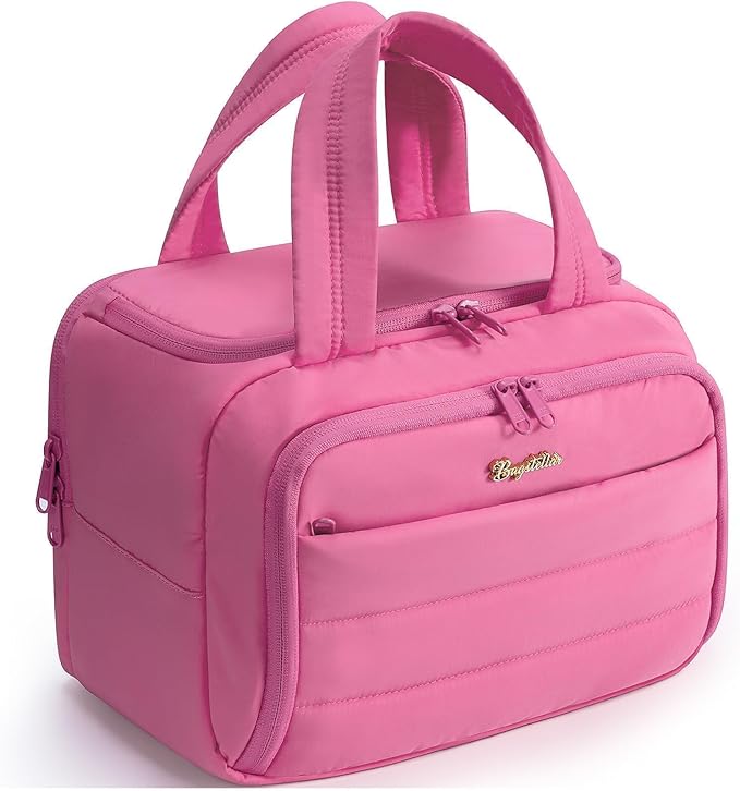 Travel Toiletry Bag for Women, Lightweight Large Quilted Puffy Makeup Bag Wide-open Make up Organizer Cloud Cosmetic Bag w/Handle for Traveling, Toiletries Essentials Accessories Rose Pink