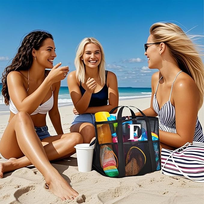 Personalized Mesh Beach Bag for Women - Waterproof Initial Tote Bag for Family Travel, Toys, Vacation Essentials