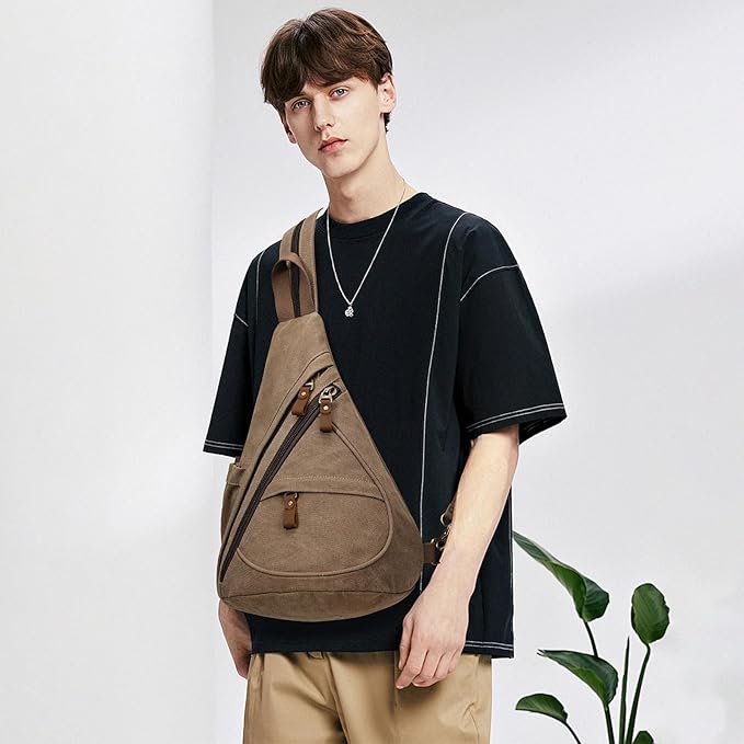 KL928 Canvas Sling Bag - Small Crossbody Backpack Shoulder Casual Daypack Rucksack for Men Women(Large Version,Brown)