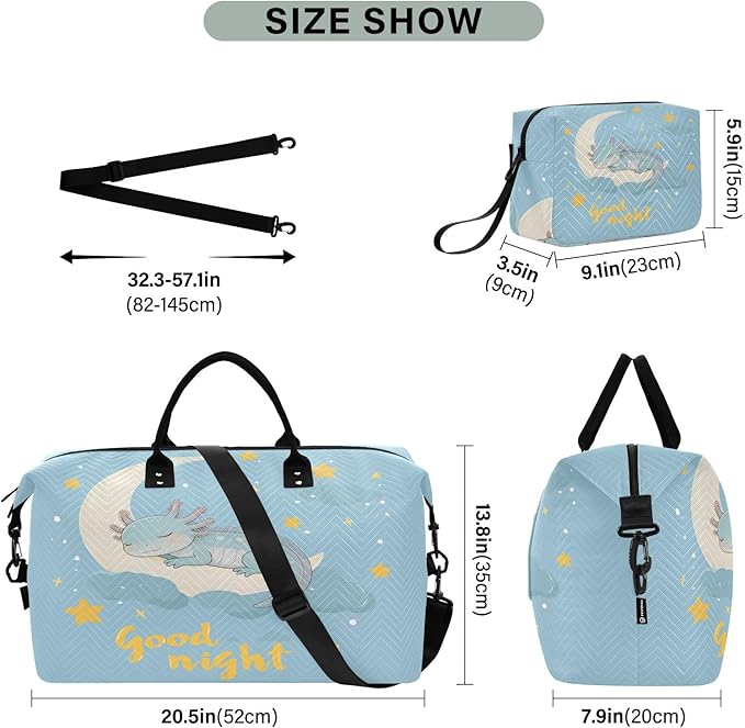 Travel Duffle Bag, Light Blue Axolotl Gym Bag with Storage Bag Weekender Overnight Bag for Men Women Trip Sports Yoga