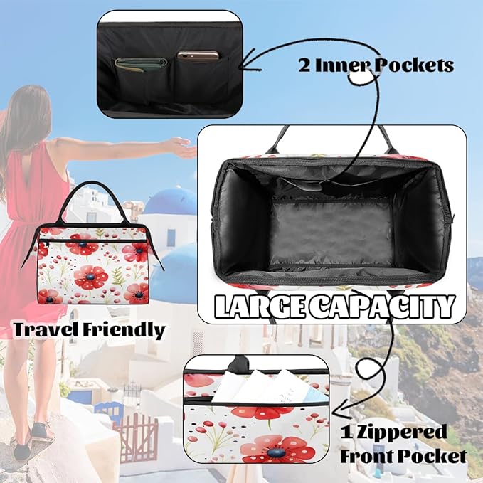 Gym Bag for Women Men, Watercolor Red Flower Sports Duffel Bags, Waterproof Travel Weekender Overnight Carry On Tote Bags for Travel Sports