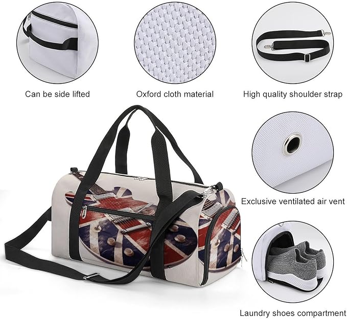 Oxford Cloth Guitar British Flag Gym Bag,Duffle Bag with Shoes Compartment And Adjustable Shoulder Straps，Weekender Bags for Men Women.