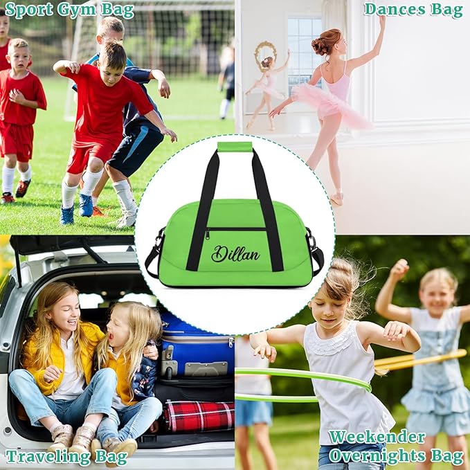 Custom Name Gym Duffel for Kids,Personalized Sports Bag Lightweight Gym Bags for Boys & Girls,Fitness Travel Weekender for Travel, and Workout Grass Green