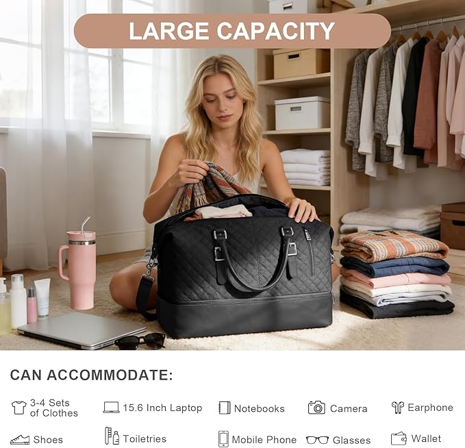 Travel Duffel Bag, Weekender Overnight Bag for Women with Trolley Sleeve, Carry On Bag for Airplanes Sport Tote Gym Bag with Shoes Compartment.(Black)