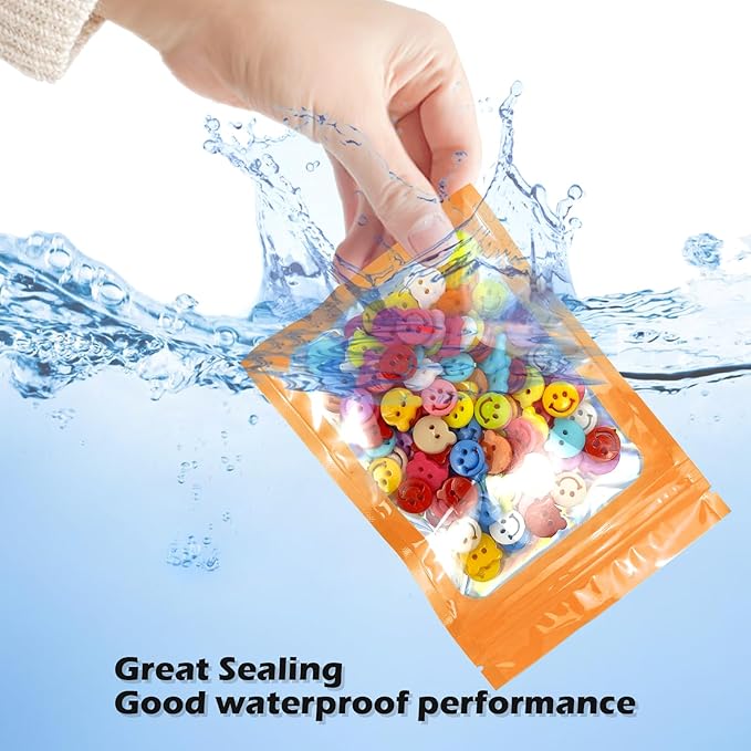 300 Pcs Holographic Mylar Bags, 3 Size Smell Proof Bags with Clear Window Foil Pouch Bags Resealable Bags for Small Business and Food Storage, Orange