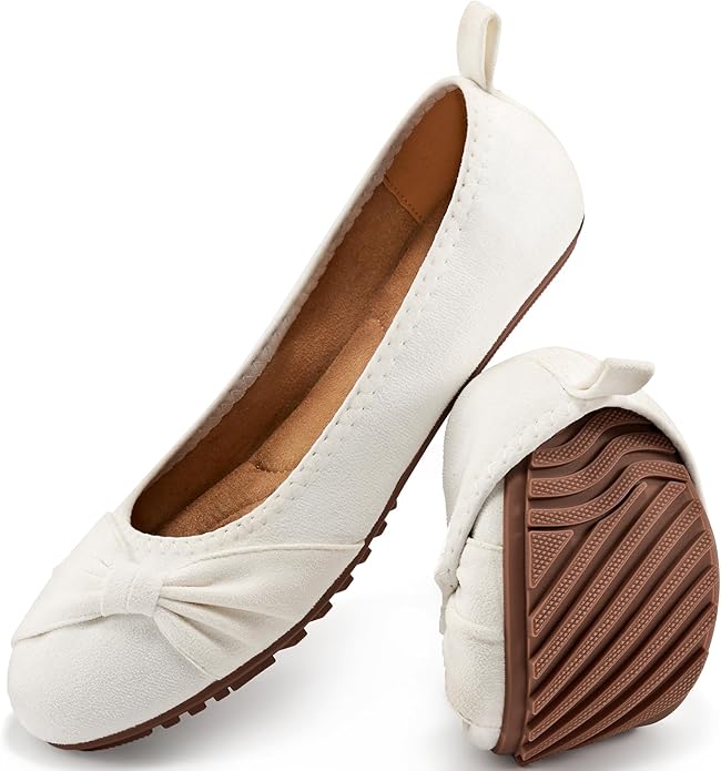 Ecetana Womens Flats Shoes Dressy: Round Toe Bowknot Suede Foldable Ballet Flats Comfortable Casual Slip On Loafers