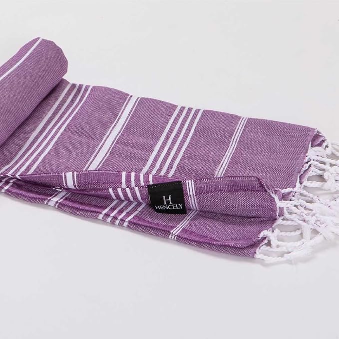 Hencely Turkish Beach Towel 37x68 Oversized, Sand-Free, Quick-Dry, Lightweight - Travel Essential for Pool & Bath - Striped 100% Cotton Bathroom Towels Accessories Gift (Purple)