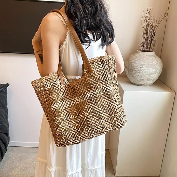 Womens Straw Beach Bag - Summer Woven Handbag Shoulder Tote Bag for Vacation, Travel