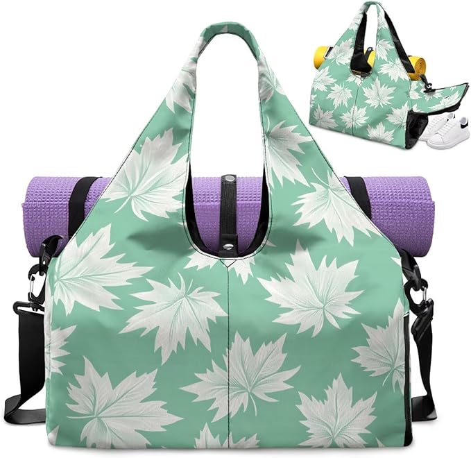 Maple Leaf Travel Duffel Bags for Women with Yoga Mat Strap, Lightweight Green Gym Bag with Shoe Compartment Wet Pocket Fitness Stylish Sport Tote Bag
