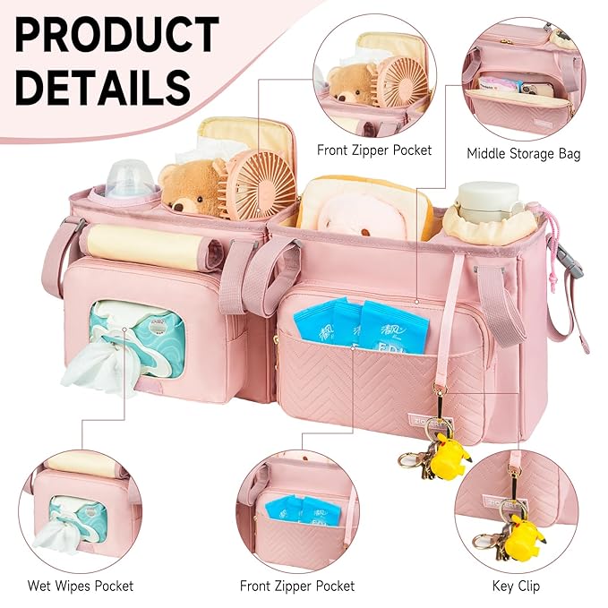 Double Stroller Caddy Compatible with Bob Duallie,Baby Jogger City Mini Gt2 and Zoe Twin V2,Double Stroller Parent Console with Cooler Bag and Cup Holder,Pink