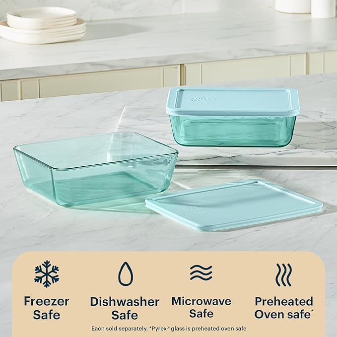 Pyrex Colors Tinted (11 Cup) Tinted Glass Large Rectangular Food Storage Container, Snug Fit Non-Toxic Plastic BPA-Free Lids, Freezer Dishwasher Microwave Safe, Aqua