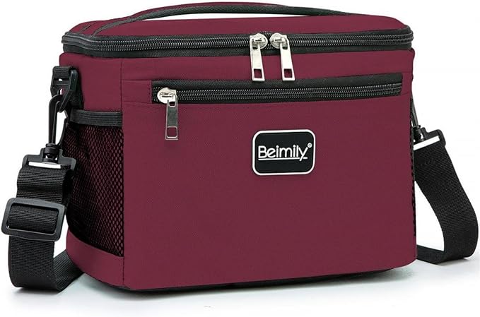 BEIMILY Lunch Box for Men/Women,Small Insulated Lunch Bag,Reusable LunchBox for work Picnic Hiking Beach,Leakproof Soft Cooler Tote Bag Organizer with Adjustable Shoulder Strap for Adults (Dark red)