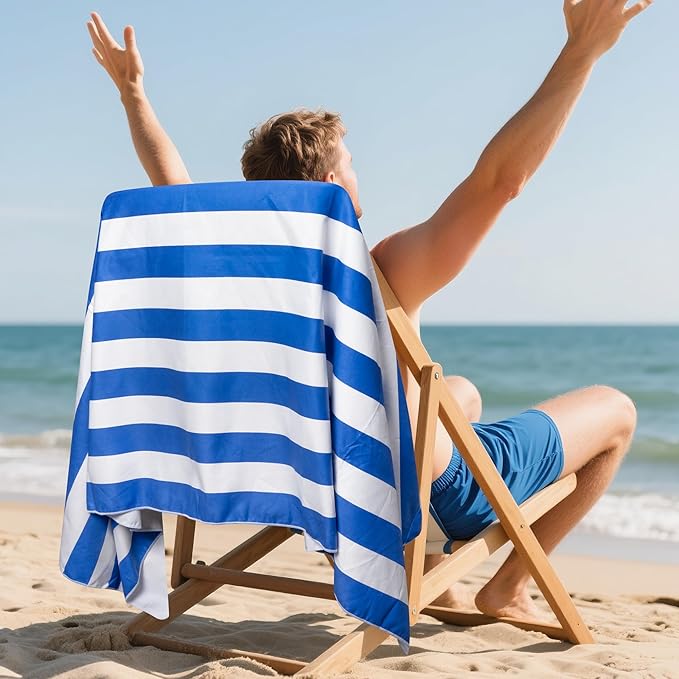 Blue Stripes Magnetic Beach Towel - 75"x30" Sand Free Quick Dry Microfiber Towel with Built-in Magnets Lightweight for Beach Chair Car Door Pool Travel Camping Yoga with Storage Bag