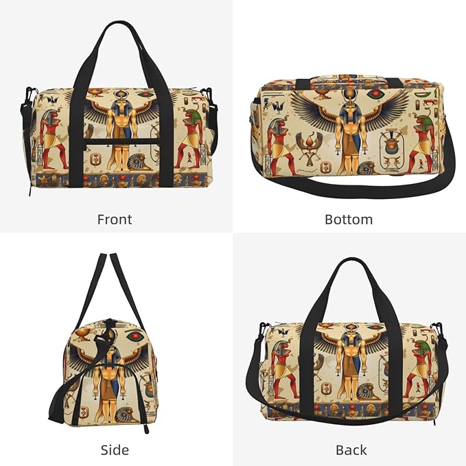 Sports Gym Bag Retro Egyptian Symbols Travel Duffel Bag With Shoe Compartment Shoulder Strap, Lightweight Water-Resistant Weekend Overnight Totes For Women Men