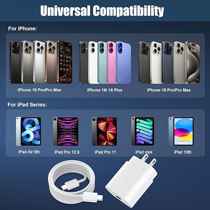 iPhone 16 15 17 Pro Max Charger 30W Type C Chargers USB C Fast Charger Block iPhone 16 Chargers Fast Charging with 6FT C Charging Cable for iPhone 17/17 Pro Max/16/16 Pro Max/15/15 Pro/iPad/Samsung