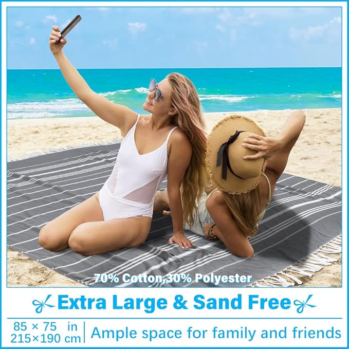 Oversized Turkish Beach Towel Blanket XXL Cotton Sandproof Towels Boho Woven Extra Large Big Sand Free Giant Throw Blankets Huge Quilt XL Picnic Camping Necessities Cloud For Adult Gifts Black