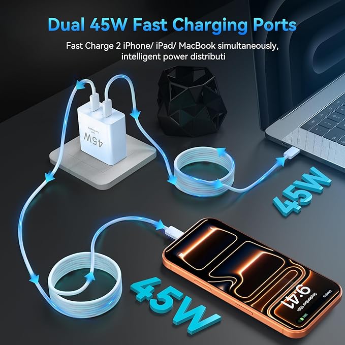 Phone 17 Charger Fast Charging, 45W Dual USB C Charger Block,USB C Wall Chargers with 10FT Long USBC Charging Cable Cord for Phone 17 16 15 Pro Max/17 16 15 Pro/17 16 15/Plus,Pad Pro/Air,S25/S24-Blue