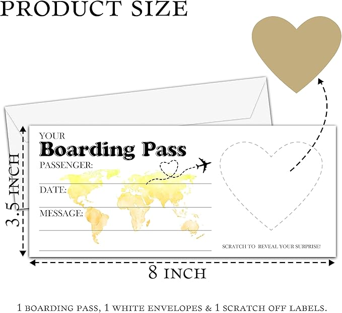 AWSICE Scratch Surprise Boarding Pass, 1 Set Make Your Own DIY Travel Ticket, Surprise Reveal Card Gift for Holiday, Christmas, Wedding, Birthday, Anniversary, Valentine's Day(3.5"x8" Gold)-B004