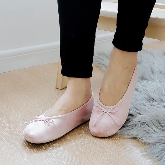 BCTEX COLL Women's Ballerina House Slippers with Bow, Ladies Satin Bedroom Slipper with Suede Sole Indoor