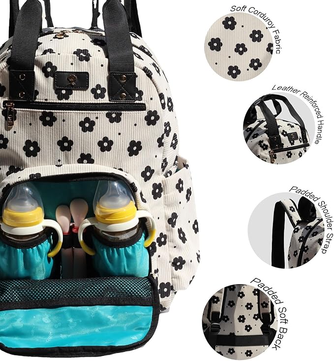 Diaper Bag Backpack, Large Capacity Multifunction Baby Essentials Fashion Travel Pack Linen Canvas office Laptop Bag (Corduroy Black Flower)