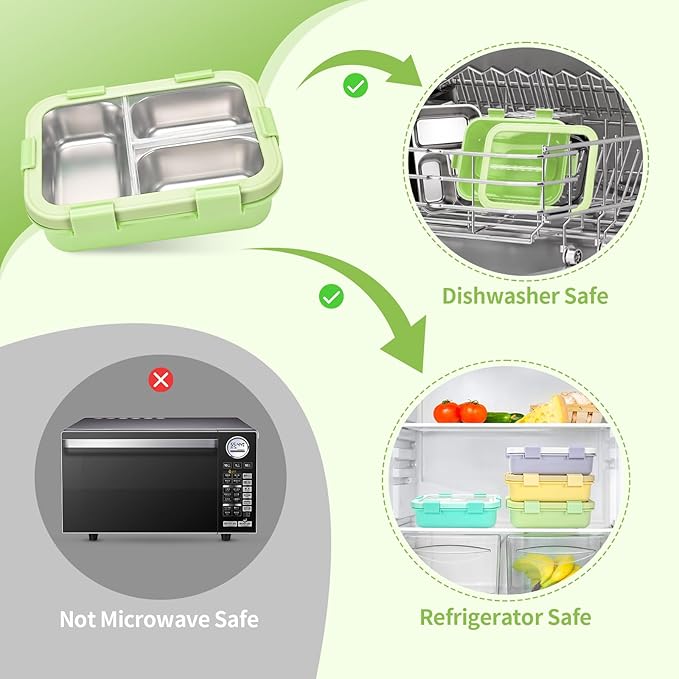 Stainless Steel Lunch Box for Kids, Durable Bento Box Containers with 3 Compartments, Leakproof Lock & Portable Utensil Set, Office, Picnics, Travel, Freezer&Dishwasher Safe, Green