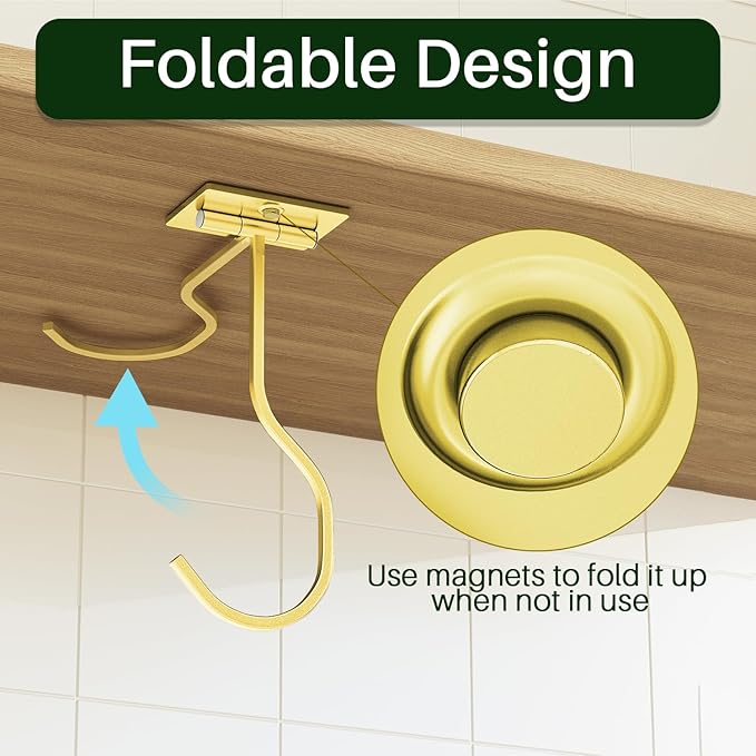 Adhesive Banana Hook Under Cabinet: 2-Pack Foldable Metal Banana Hanger, Space-Saving Under Counter Banana Holder for Kitchen & RV, Gold