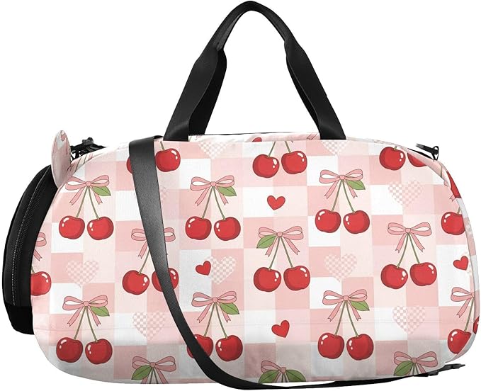 Cute Cherries Bows Pattern Kids Sports Duffle Bag for Boys Girls Toddler Weekender Overnight Bag with Shoe Compartment & Wet Pocket Kids Travel Bag for Travel Sport Gym Dance