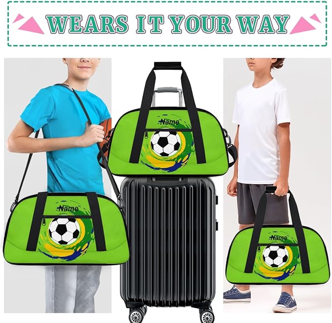 Custom Name Graffiti Soccer Green Boys Gym Travel Duffle Bag， Personalized Sports Bag for Overnight, Weekender, Carry On，18.9 * 8.7 * 10.6 in
