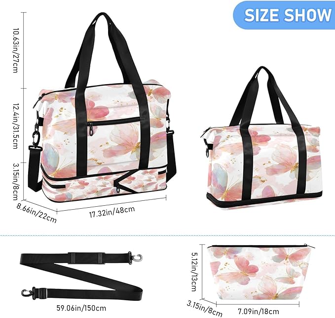 Travel Duffel Bags for Women Pink Butterfly Sports Duffel Bags Gym Bags with Shoes Compartment Tote Bag Weekender Bag for Travelling