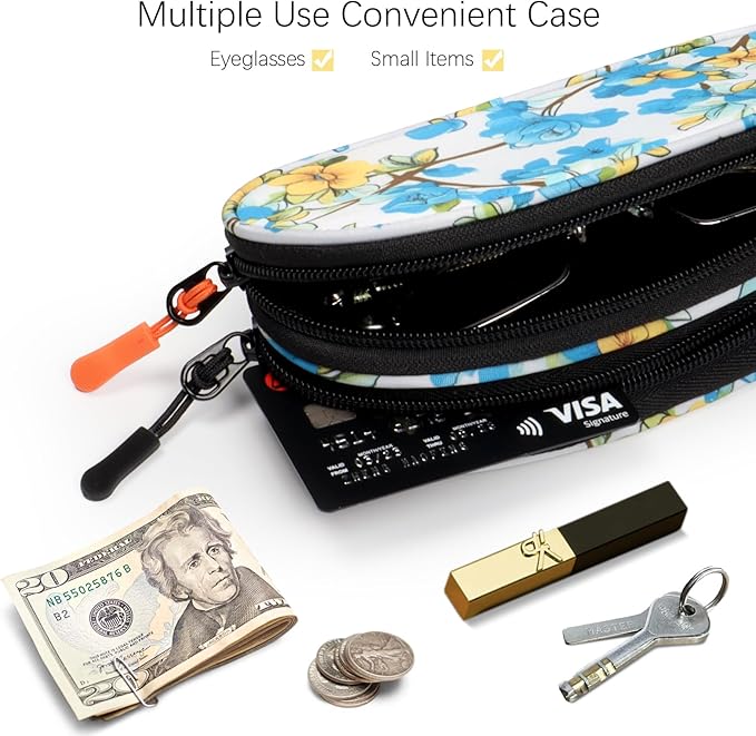 Double Eyeglasses Case Soft Portable Zipper Sunglasses Pouch with Keychain Clip for Men Women