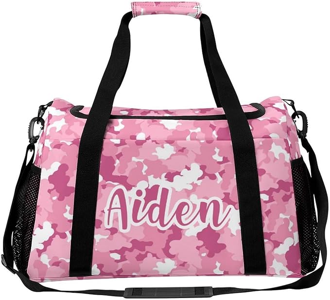 Personalized Name Travel Bag Sports Player Duffel Bags Camouflage Pink White Camo Perform Training Bag for Men Women Adjustable Shoulder Strap