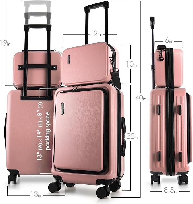 22 Inch Carry On Luggage, Carry On Suitcase with Wheels, Hardside Luggage Carry-On, Expandable Pink Small Suitcase, Hard Shell Carry-on Luggage, Spinner Luggage with Cosmetic Bag