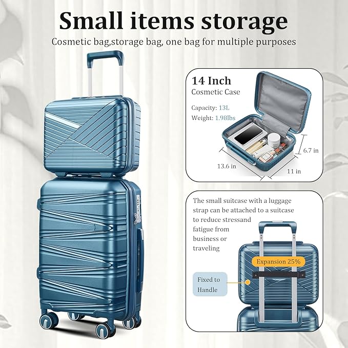 4 Piece Luggage Set PP Hardshell, Expandable Suitcase Set (20/24/28) with 14" Cosmetic Case, Lightweight Spinner Wheels with TSA Lock, Detachable Wheels for Nesting Storage (Peacock Blue)