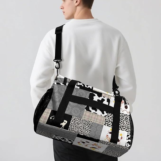 Travel Bag Khaki Gray Plaid Lattice Cow Customized Duffel Bags Weekender Overnight Bag Personalized Gift Adjustable Detachable Shoulder Strap Packs