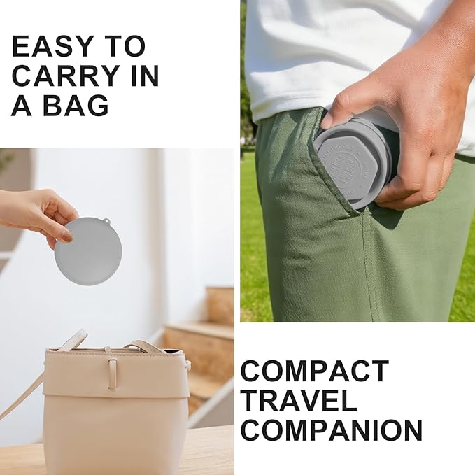 Collapsible Travel Cup with Lid (6oz/180ml) - BPA Free Silicone Folding Cup with Stainless Steel Rim - Portable Pocket Size Drinking Cup for Mouthwash, Pills, Hiking, Camping & Kids(Gray)