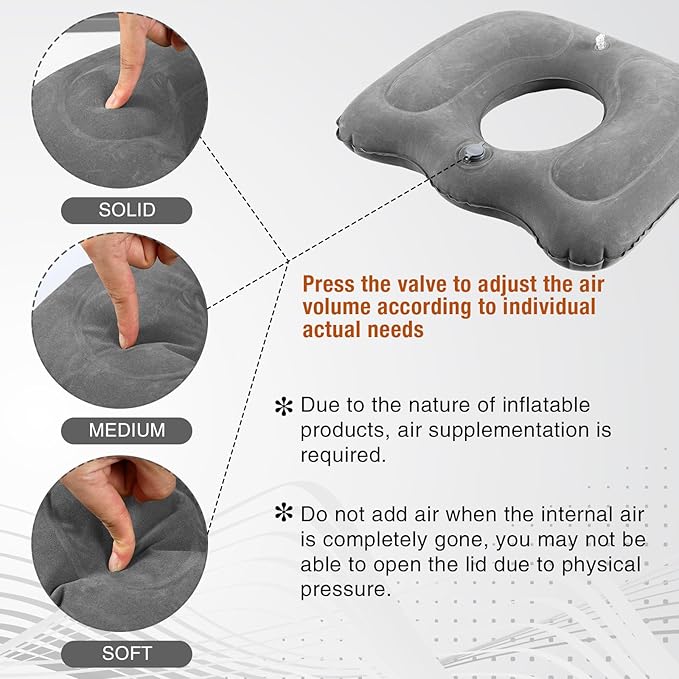 Leinuosen 2 Pcs Inflatable Seat Cushion 18.1'' x 15.7'' x 4.7'' Portable Lift Donut Pillow Height Adjustable Hemorrhoid Pillow for Tailbone Back Pain Bed Sore Home Car Chair Wheelchair Sitting (Grey)