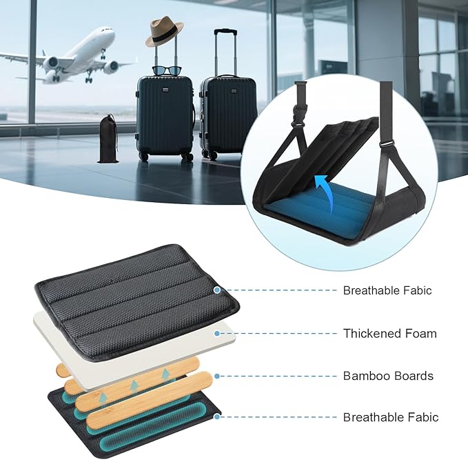 Foot Hammock for Plane Travel, No Collapse Airplane Foot Hammock with Bamboo Panel for Firm Support, Wide Leg Sling for Airplane Travel with Adjustable Straps