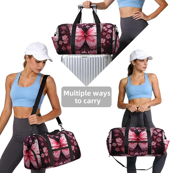 Sports Gym Bag Pink Cherry Blossom Floral Butterfly Travel Duffel Bag With Shoe Compartment Shoulder Strap, Lightweight Water-Resistant Weekend Overnight Totes For Women Men
