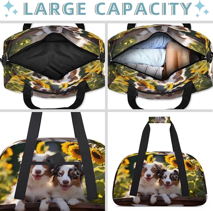 Travel Duffle Bag, Puppies By Sunflowers Waterproof Weekender Overnight Bags for Women Men Lightweight Carry on Duffle Gym Bag for Travel, Sports, Fitness, Workout