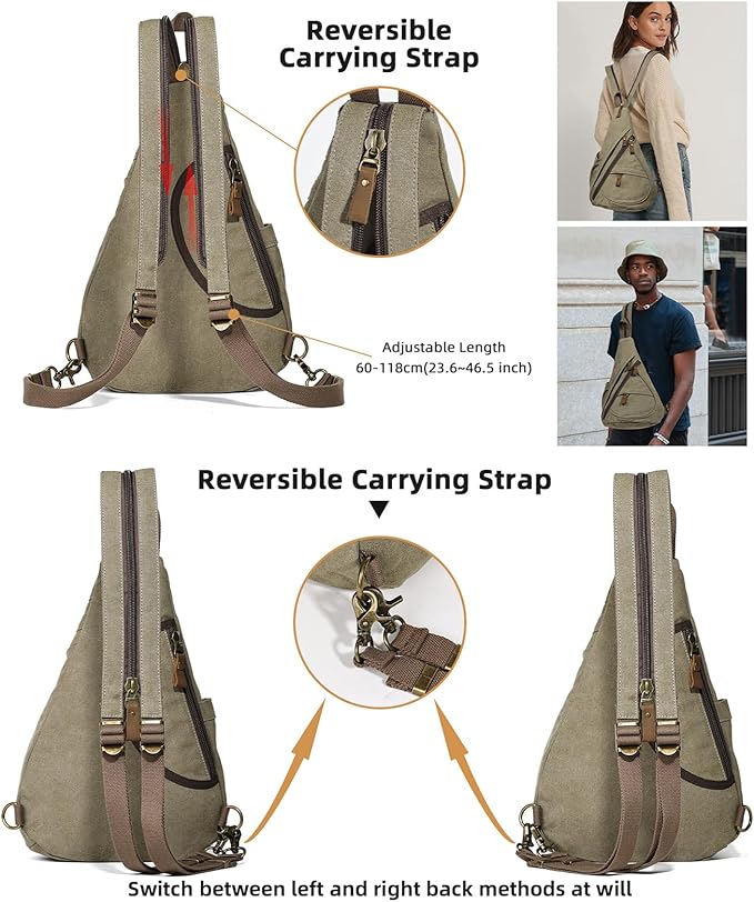 KL928 Canvas Sling Bag - Small Crossbody Backpack Shoulder Casual Daypack Rucksack for Men Women(Large Version,Olive Green)