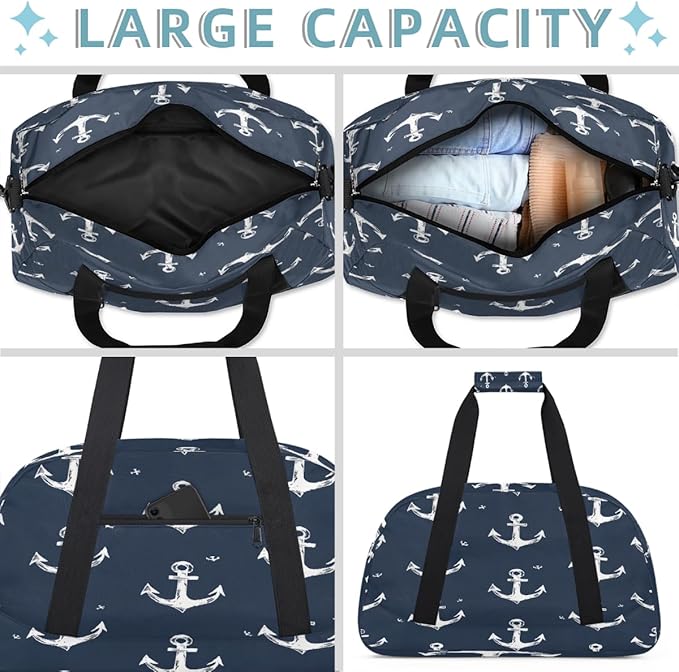 Gym Bag for Women Men, Hand Drawn Nautical Anchor Travel Duffle Bags for Dance Ballet Overnight, Carry-On Weekender Bag with Detachable Shoulder Strap