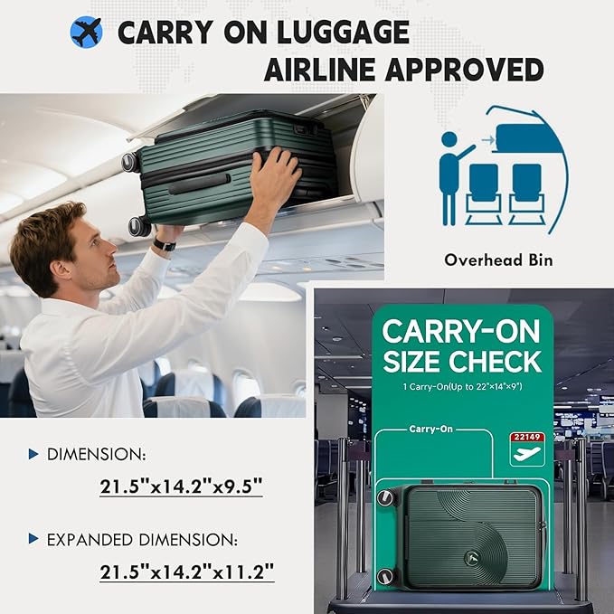 RAINSMORE Carry on Luggage 20 Inch Expandable, Airline Approved Carry on Suitcase Top Opening Hard Shell Rolling Travel Luggage with TSA Lock & Spinner Wheels, Green