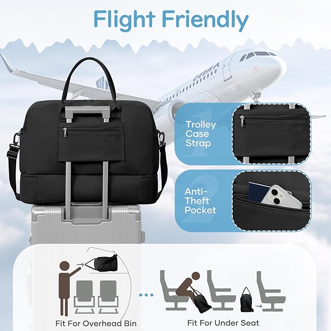 Travel Duffle Bag,Weekender Bags for Women with Shoe Compartment Personal Item Travel Bag Carry on Overnight Bags For Airplanes Gym Duffel Bag with Wet Pocket Hospital Bag for Labor and Delivery Black