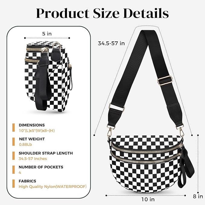 Spacious Nylon Checkered Crossbody Bum Bag for Women, Fashion Checkerboard Fanny Pack Purse with Anti-theft Pocket, Adjustable Wider Strap Wasit Bag (Black-White)