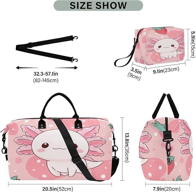 Travel Duffle Bag, Strawberry Axolotl Gym Bag with Storage Bag Weekender Overnight Bag for Men Women Trip Sports Yoga