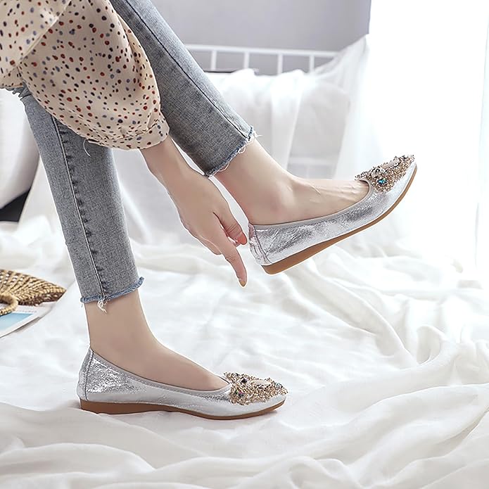 Women Ballet Flats Sparkly Rhinestone Wedding Ballerina Shoes Pointed Toe Foldable Comfort Slip on Flat Dress Shoes