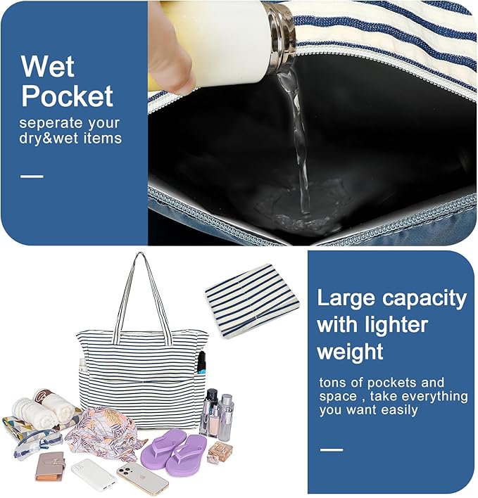 Bluboon Beach Bags for Women, Large Waterproof Tote Bag With Wet Compartment for Pool Weekender Travel Gym