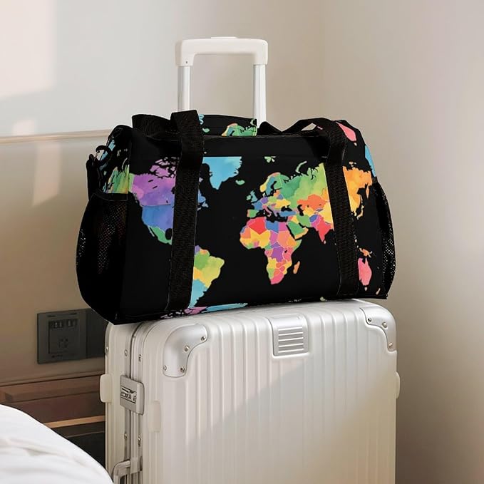 Colorful World Map Duffle Bag Gym Bag for Workout Travel Tote with Detachable Straps