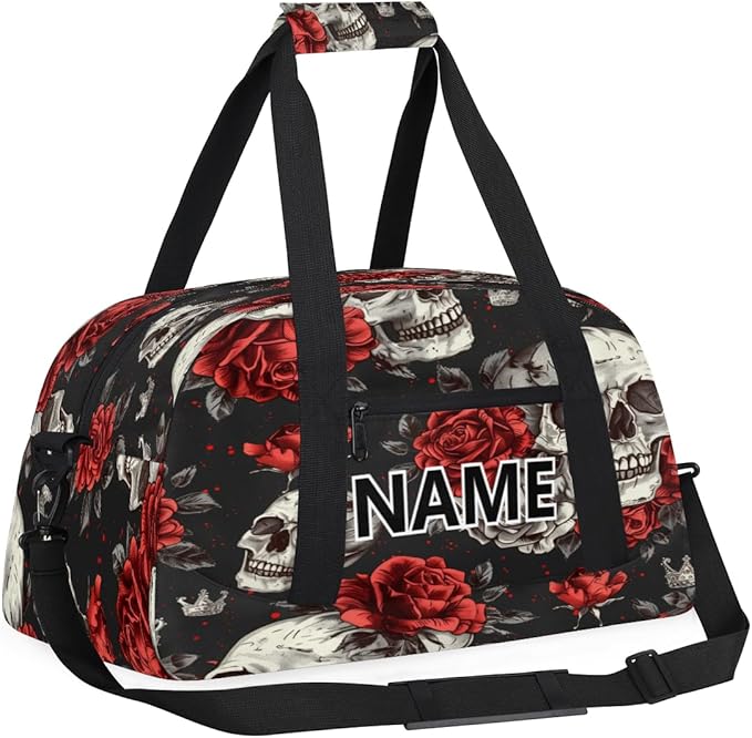 Skeleton Mini Gym Bag 18 inch for Women Men Waterproof Custom Sugar Skull Floral Travel Duffel Bag Carry On Overnight Tote Nurse Bag for Work Fitness Hiking