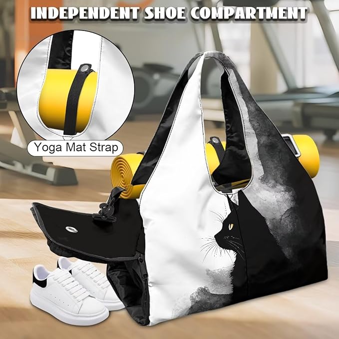 Black Cat Print Gym Bag with Shoe Compartment Large Capacity Duffle Bags Portable Lightweight Gym Bag with Wet Pocket Water Resistant Yoga Mat Holder Duffel Bags Swimming Yoga Workout